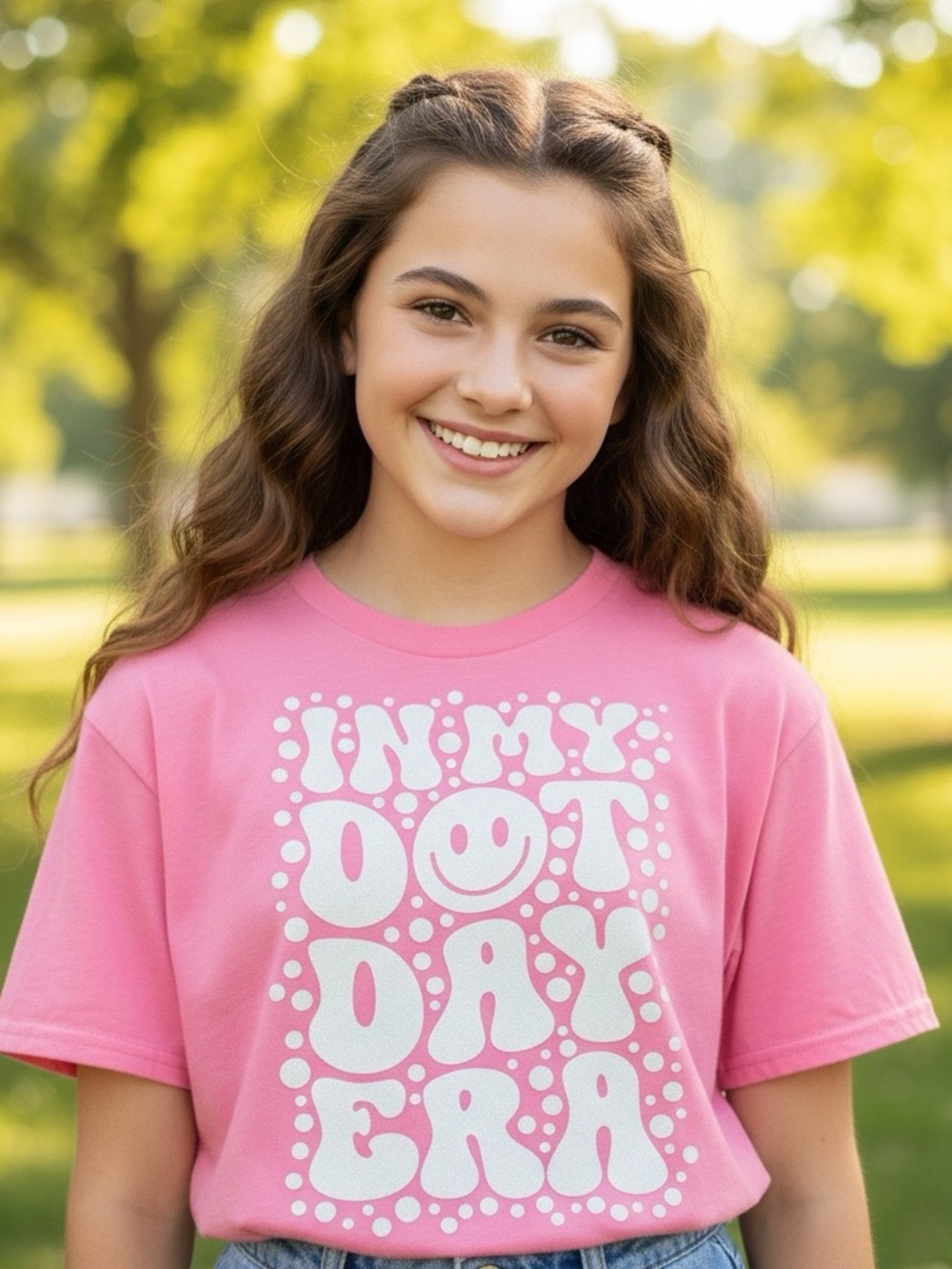 Youth Gildan pink glitter Tshirt In My Dot Day Era happy face size medium cotton